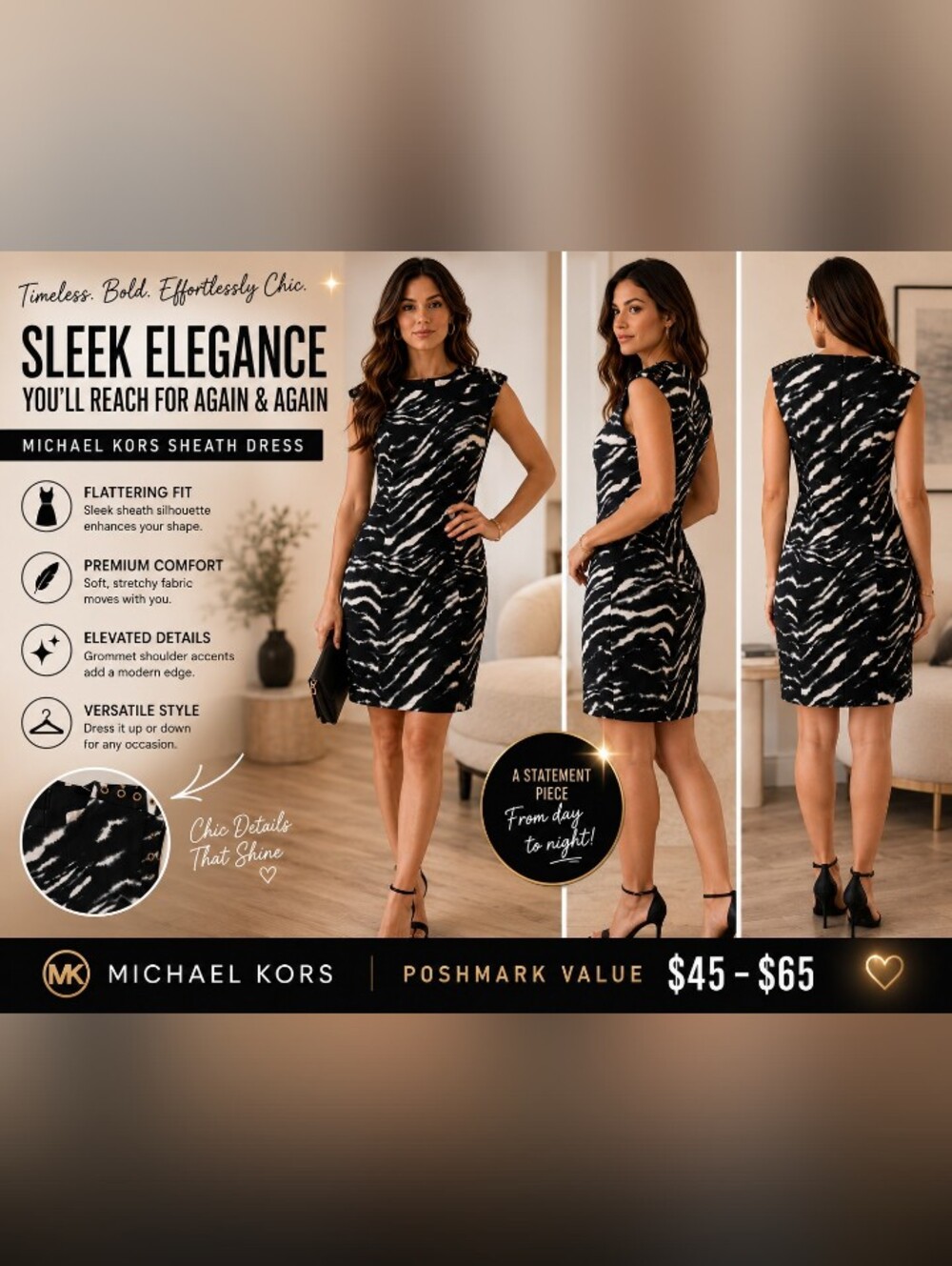 Michael Kors Black & White Zebra Print Cap-Sleeve Sheath Dress